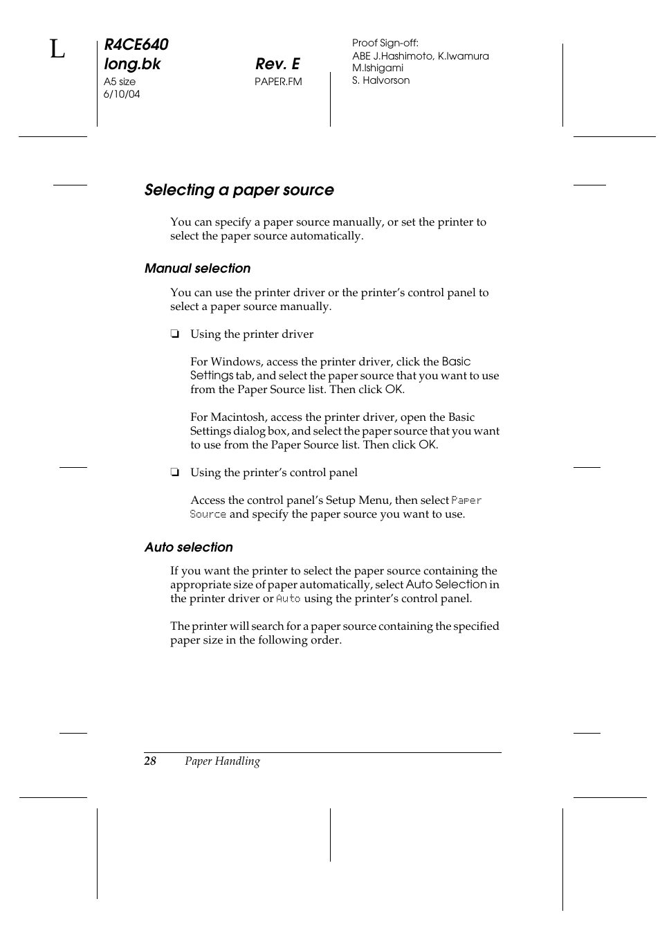 Selecting a paper source, R4ce640 long.bk rev. e | Epson AcuLaser C3000 User Manual | Page 28 / 316