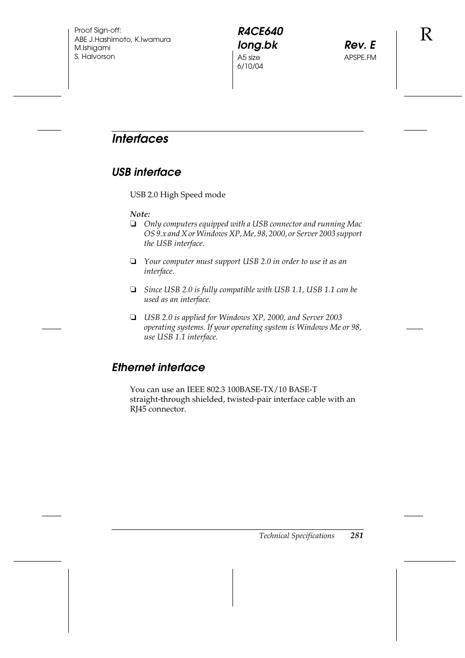 Interfaces, Usb interface, Ethernet interface | Usb interface ethernet interface | Epson AcuLaser C3000 User Manual | Page 281 / 316