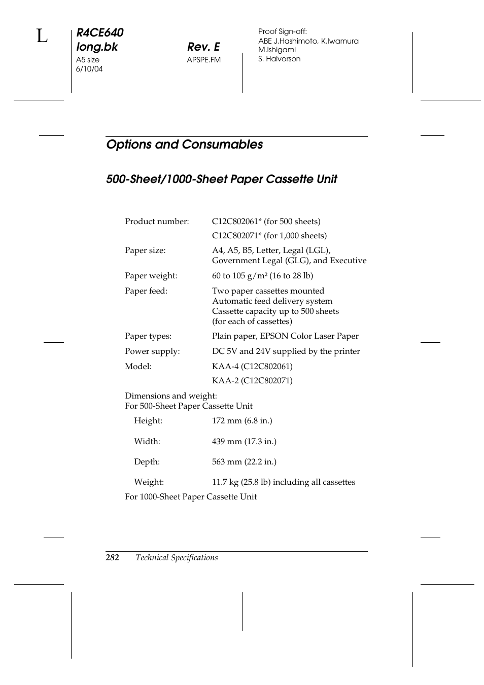 Options and consumables, Sheet/1000-sheet paper cassette unit, R4ce640 long.bk rev. e | Epson AcuLaser C3000 User Manual | Page 282 / 316