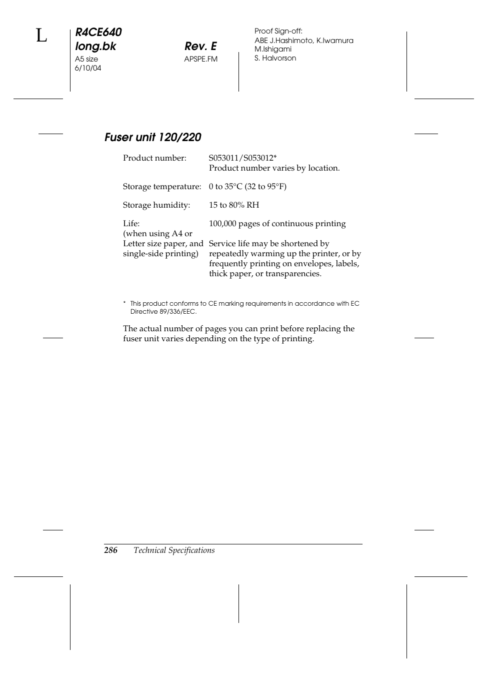 Fuser unit 120/220, R4ce640 long.bk rev. e | Epson AcuLaser C3000 User Manual | Page 286 / 316