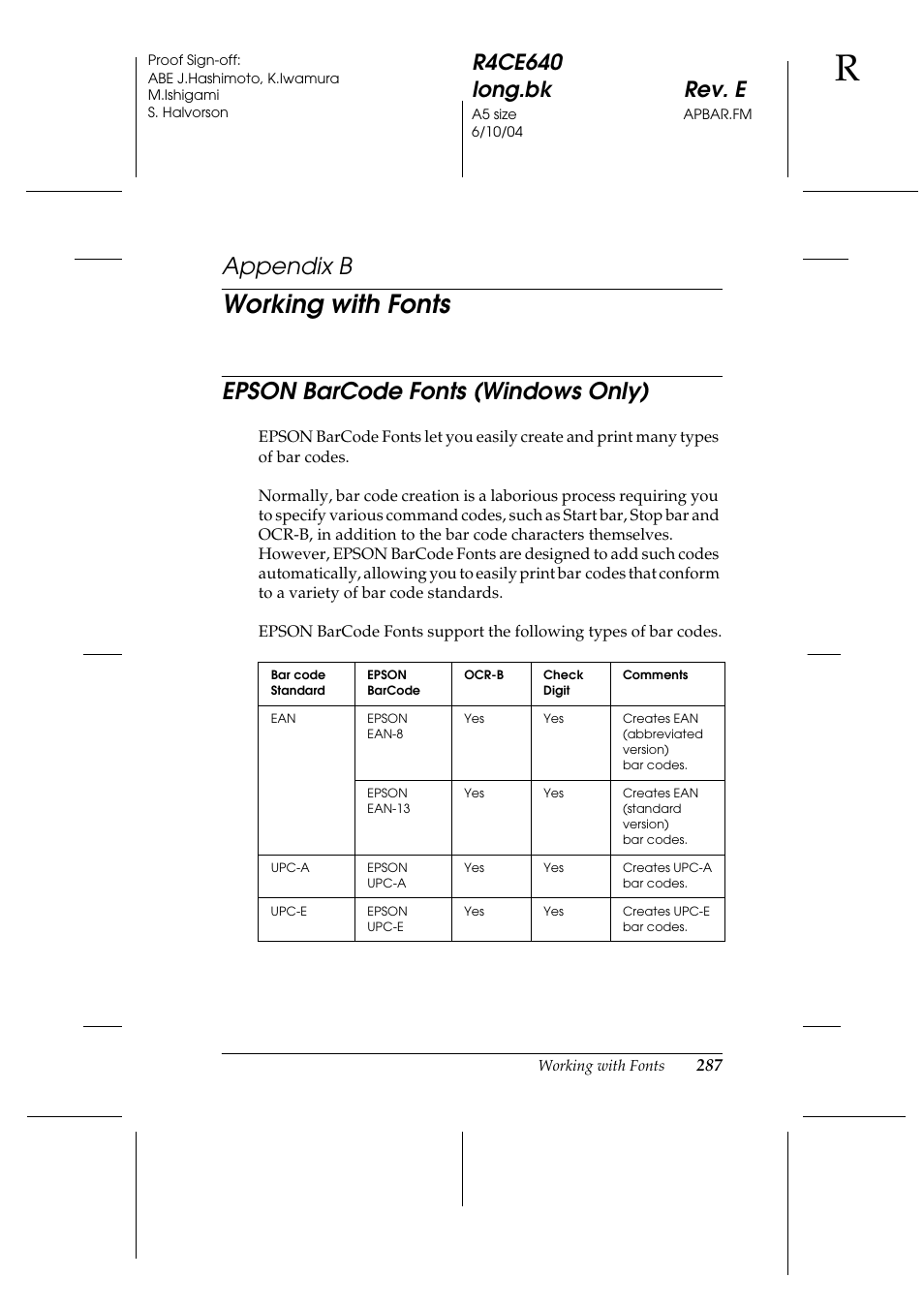 Working with fonts, Epson barcode fonts (windows only), Appendix b | Epson AcuLaser C3000 User Manual | Page 287 / 316