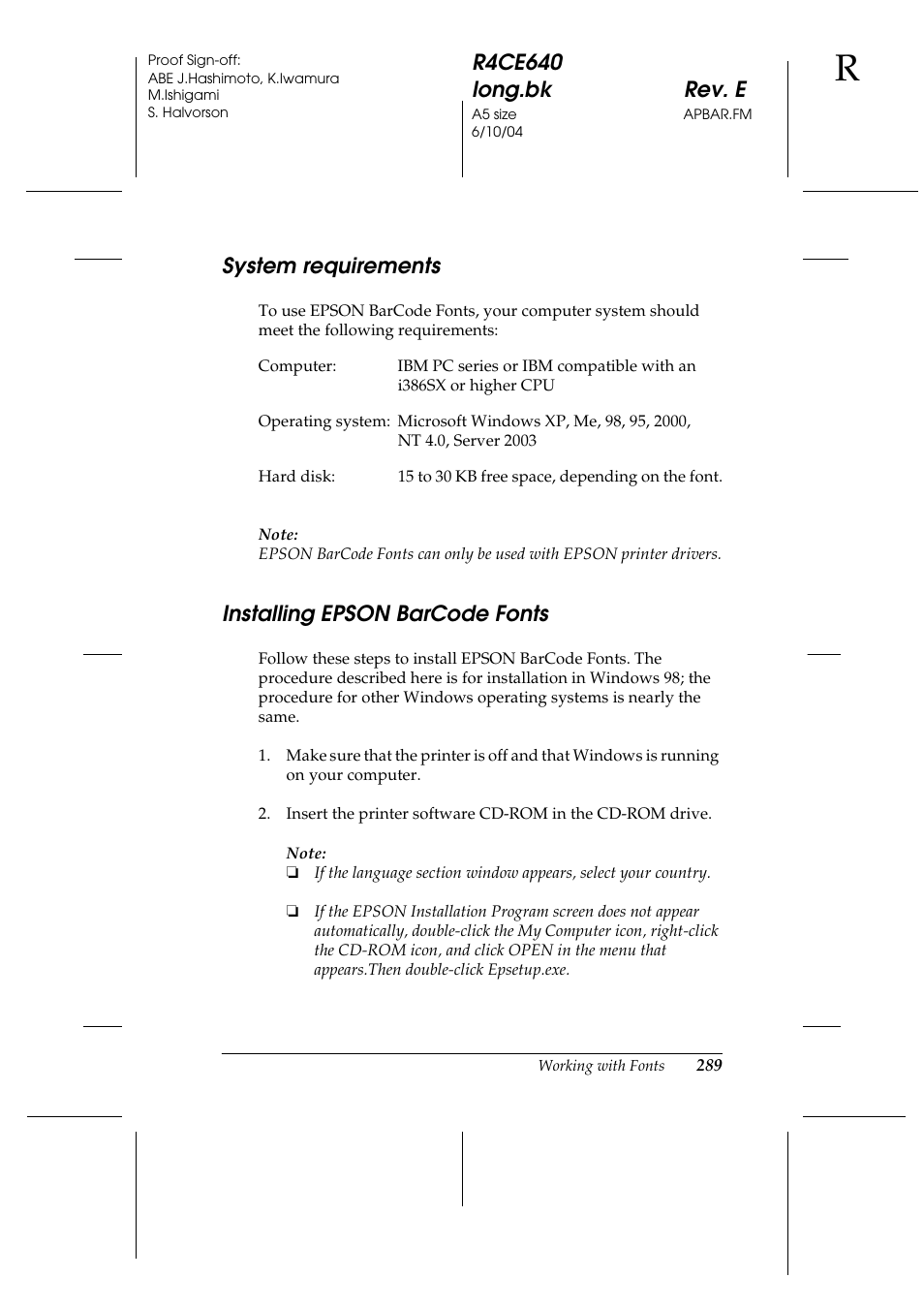 System requirements, Installing epson barcode fonts, System requirements installing epson barcode fonts | Epson AcuLaser C3000 User Manual | Page 289 / 316