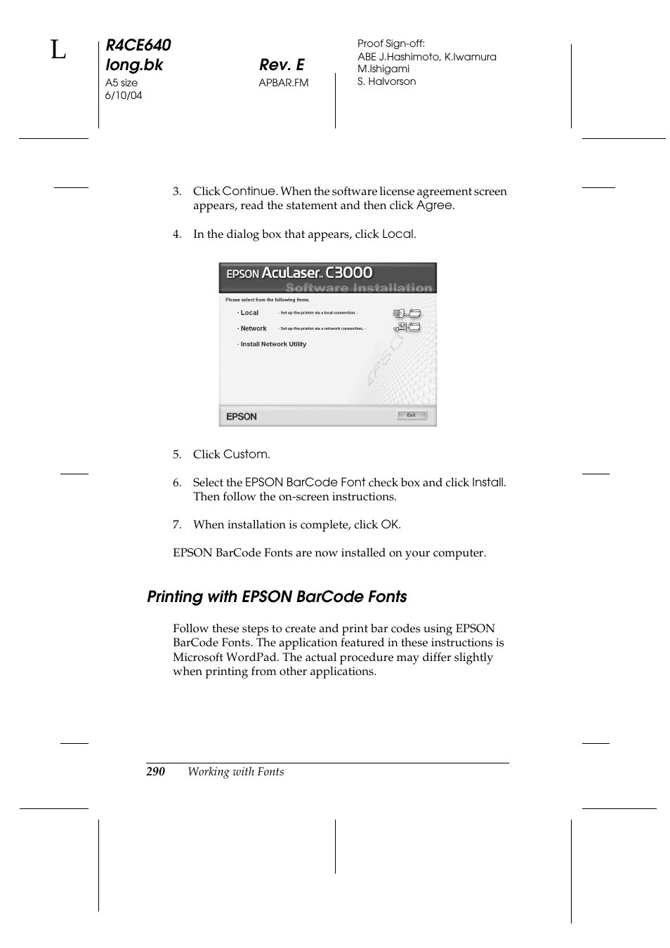 Printing with epson barcode fonts, R4ce640 long.bk rev. e | Epson AcuLaser C3000 User Manual | Page 290 / 316
