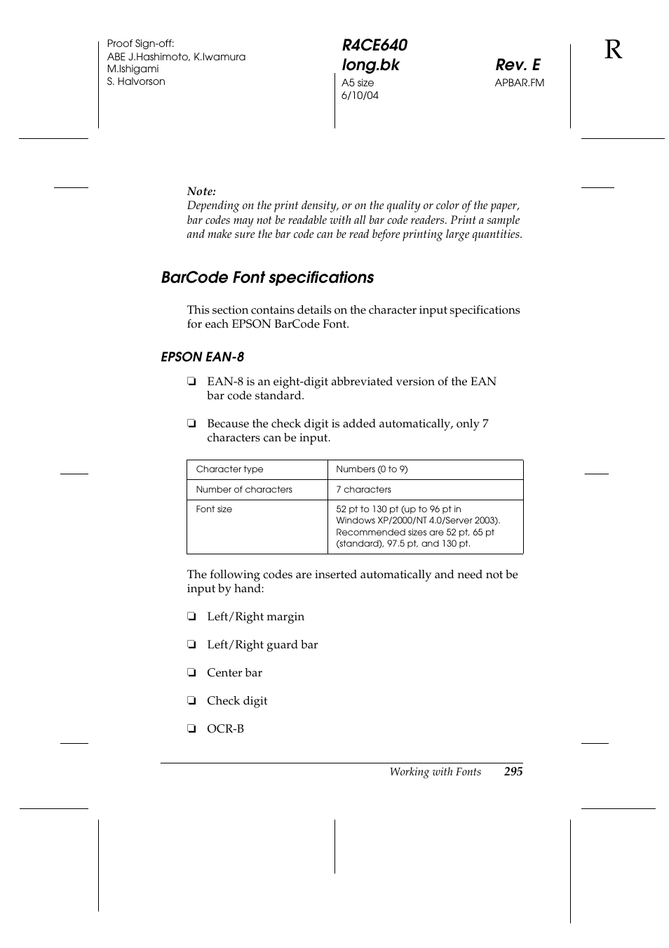 Barcode font specifications | Epson AcuLaser C3000 User Manual | Page 295 / 316