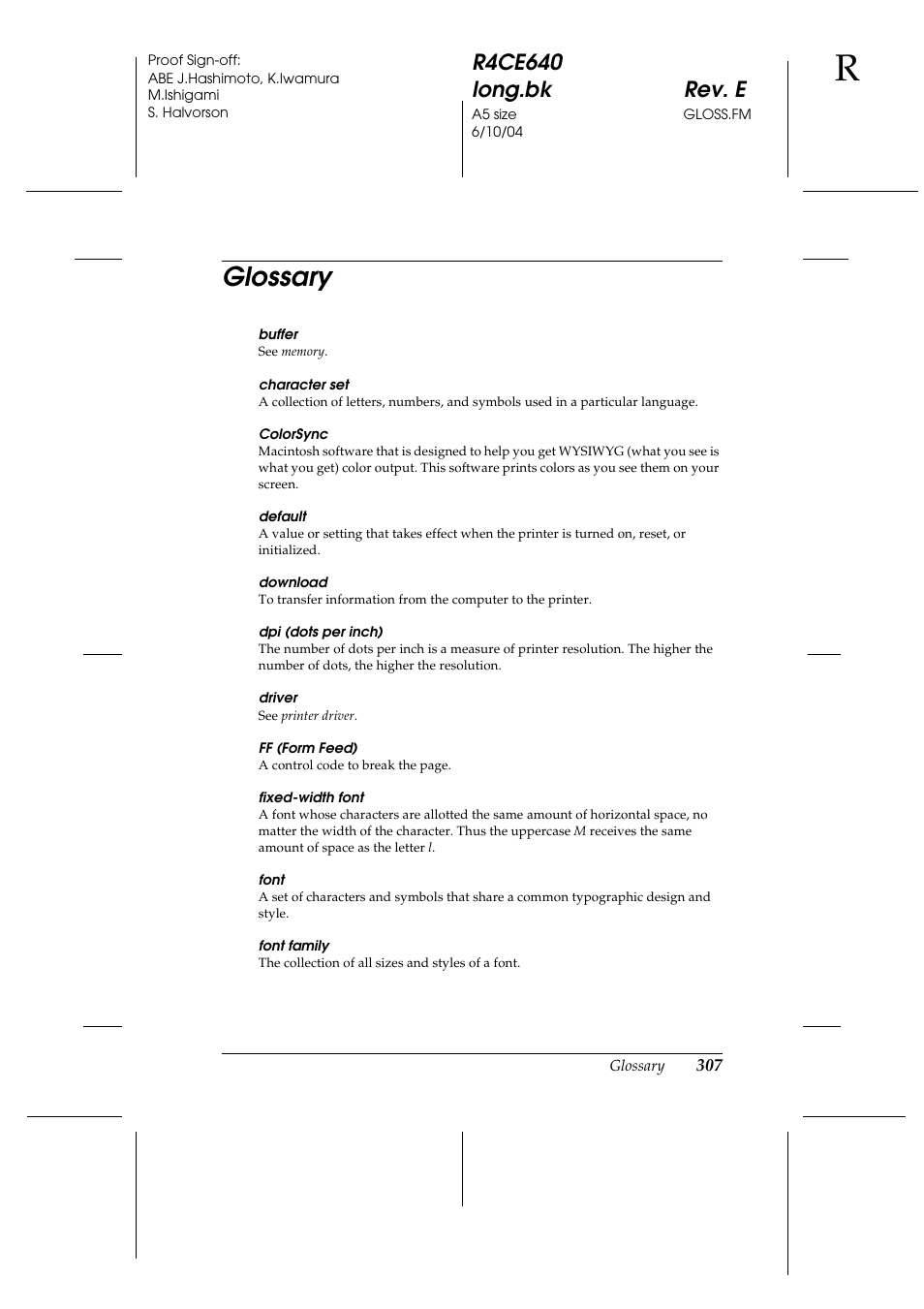 Glossary, R4ce640 long.bk rev. e | Epson AcuLaser C3000 User Manual | Page 307 / 316