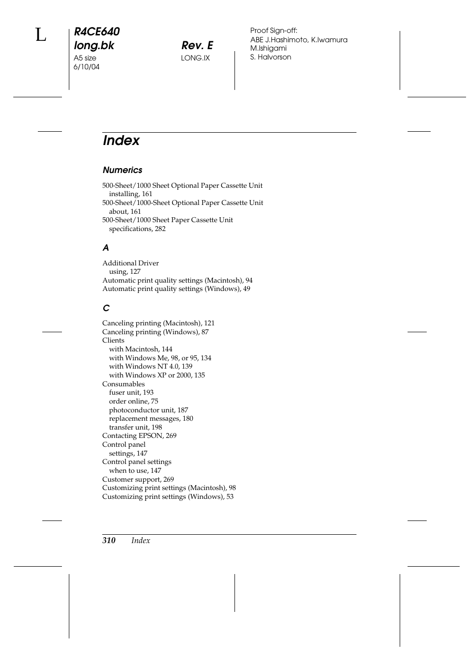 Index, R4ce640 long.bk rev. e | Epson AcuLaser C3000 User Manual | Page 310 / 316