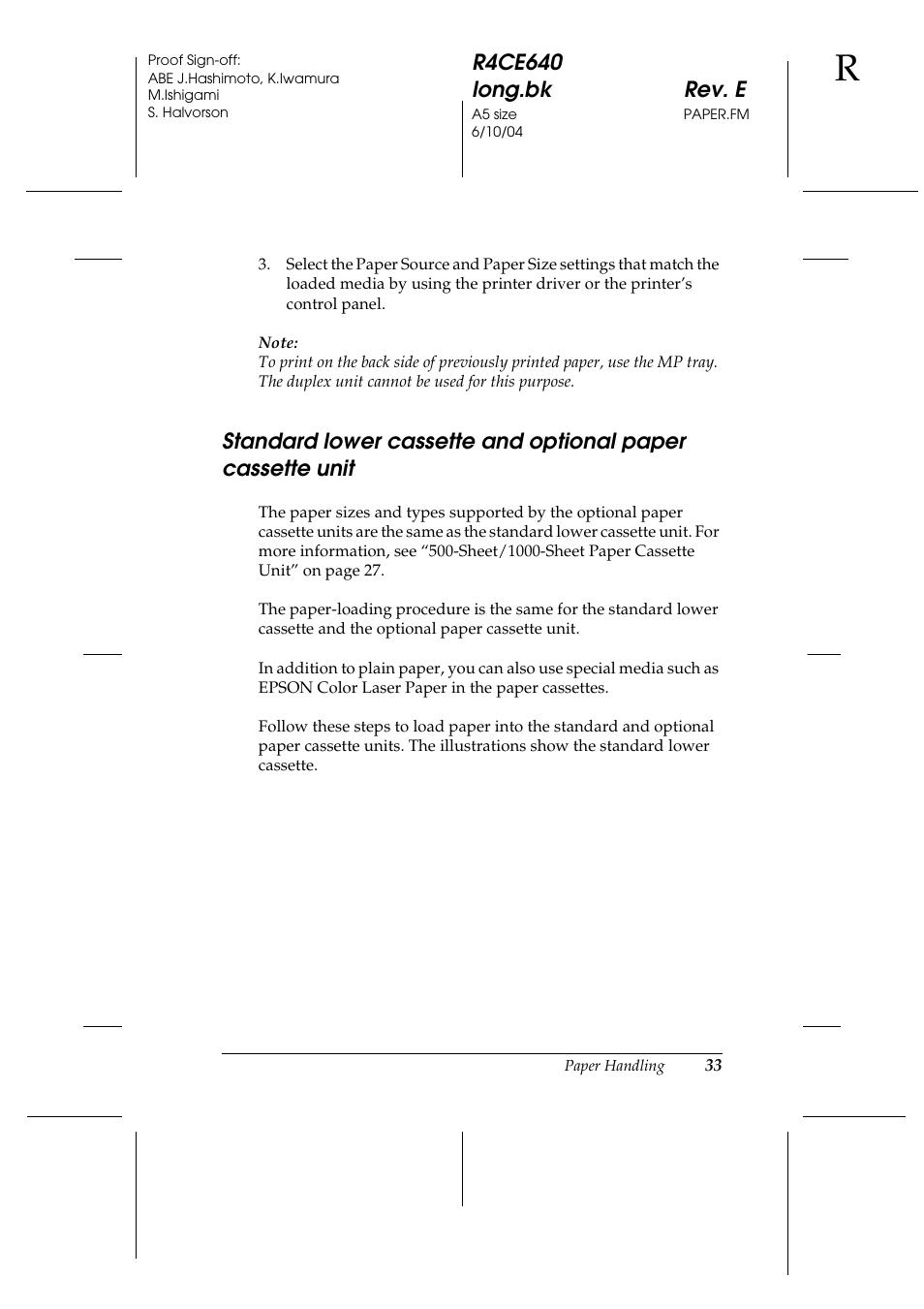 Standard lower cassette and optional paper, Cassette unit | Epson AcuLaser C3000 User Manual | Page 33 / 316