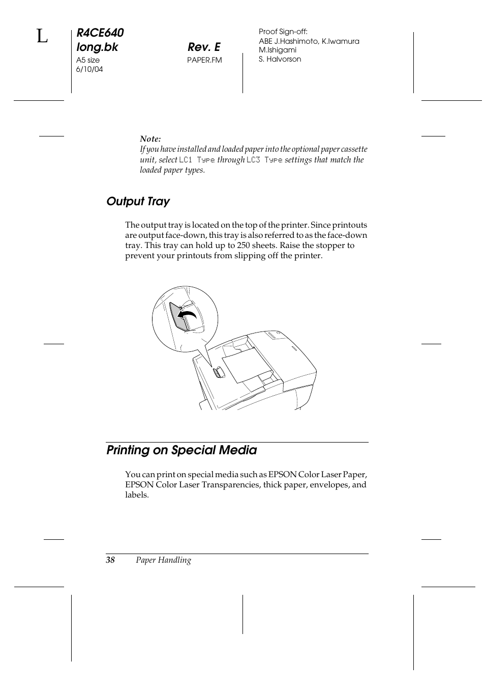 Output tray, Printing on special media | Epson AcuLaser C3000 User Manual | Page 38 / 316