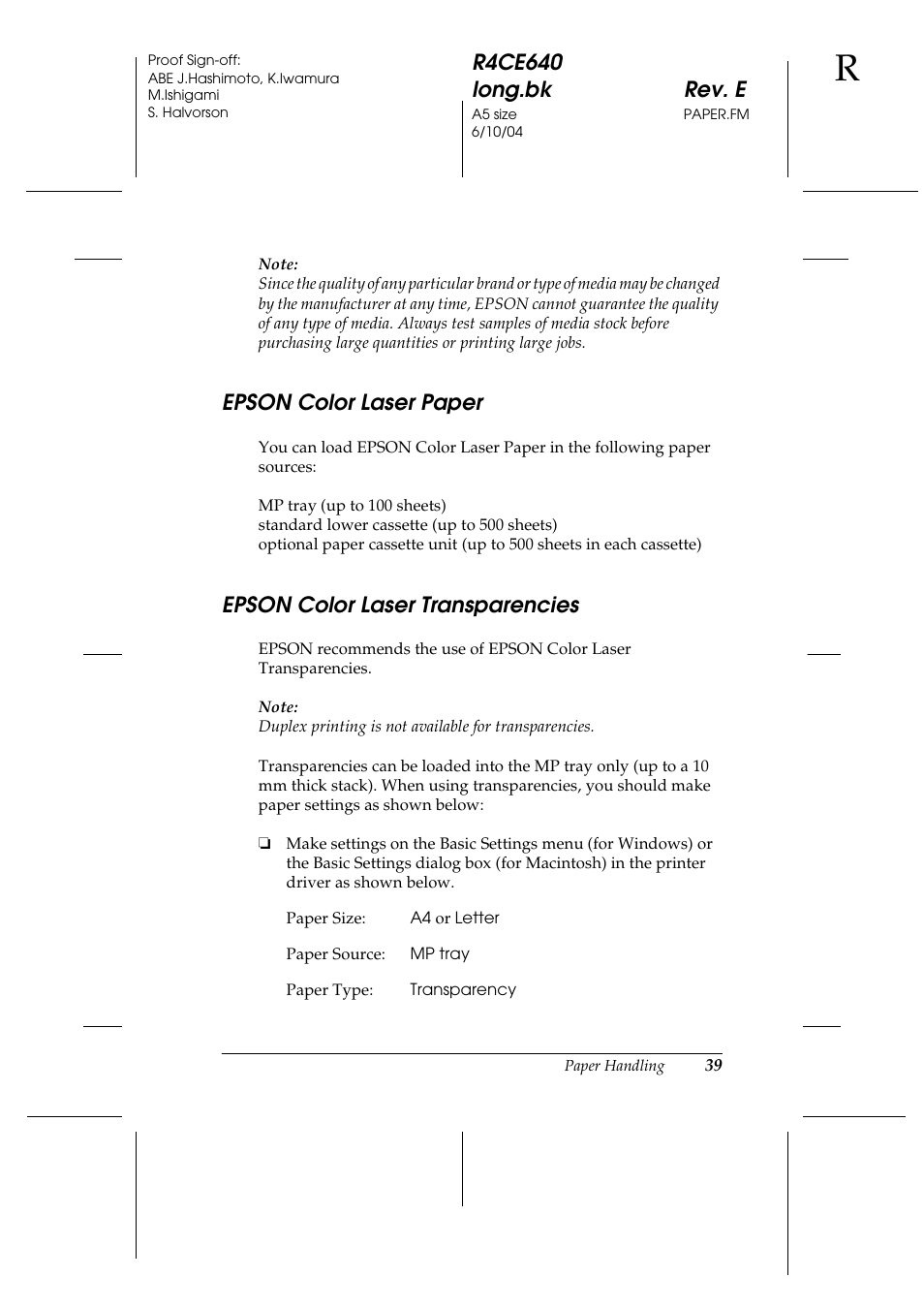 Epson color laser paper, Epson color laser transparencies | Epson AcuLaser C3000 User Manual | Page 39 / 316