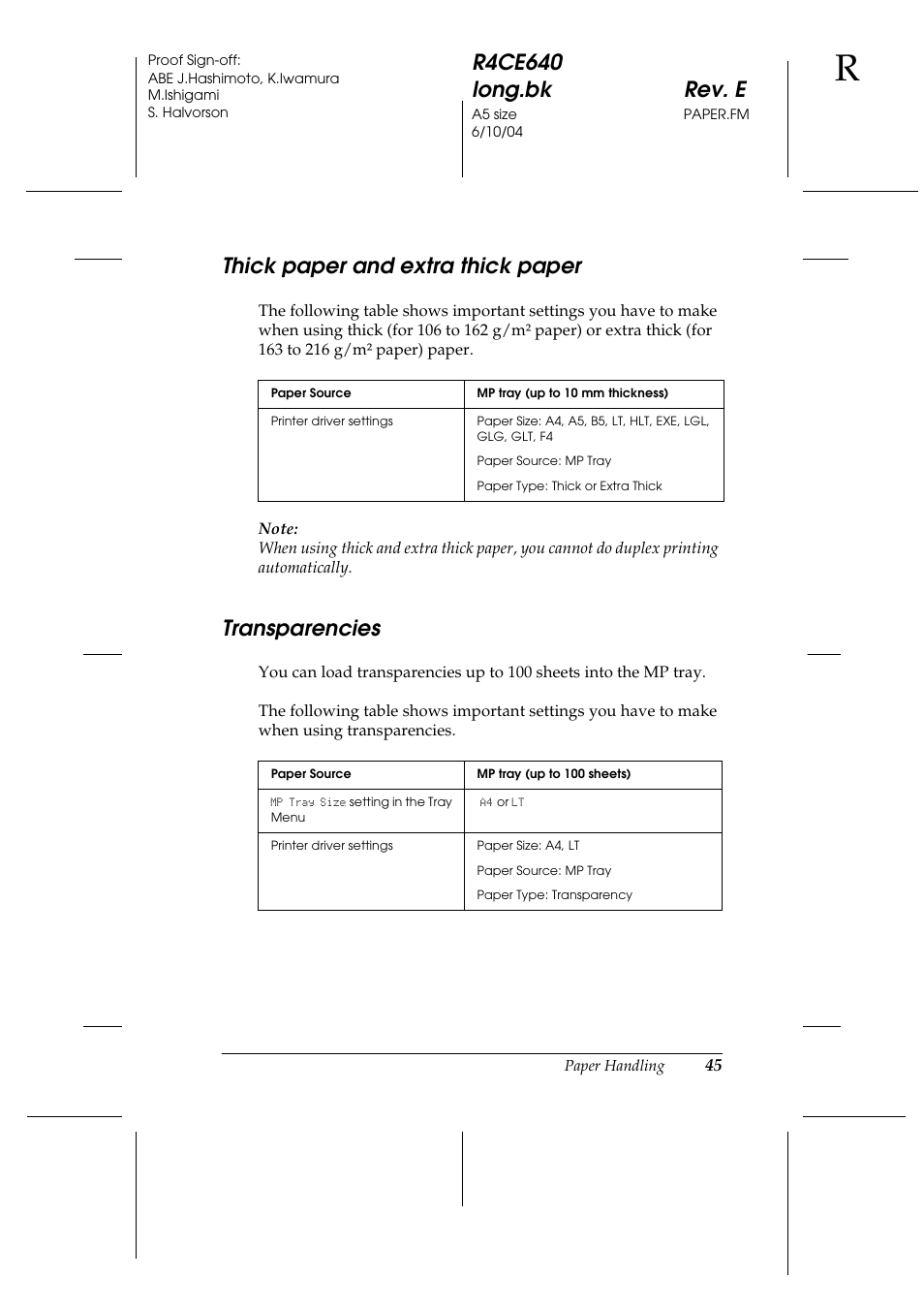 Thick paper and extra thick paper, Transparencies, Thick paper and extra thick paper transparencies | Epson AcuLaser C3000 User Manual | Page 45 / 316