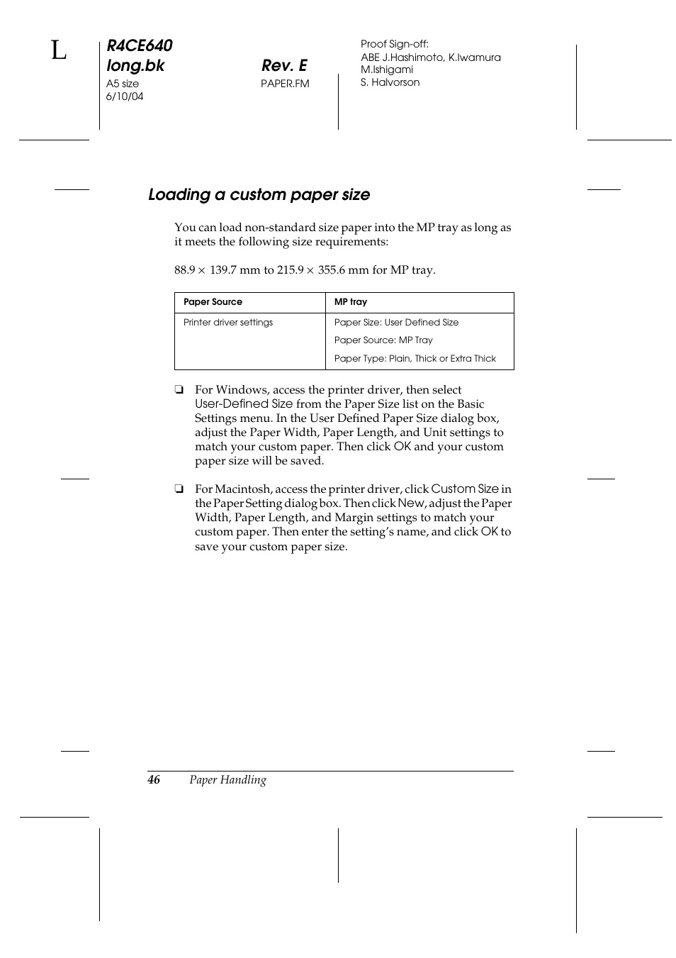 Loading a custom paper size, R4ce640 long.bk rev. e | Epson AcuLaser C3000 User Manual | Page 46 / 316