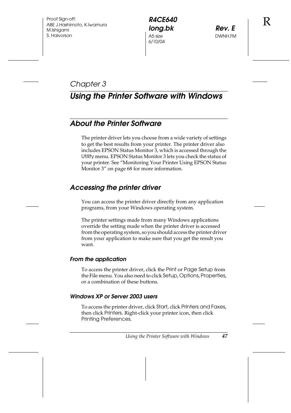 Using the printer software with windows, About the printer software, Accessing the printer driver | Chapter 3 | Epson AcuLaser C3000 User Manual | Page 47 / 316