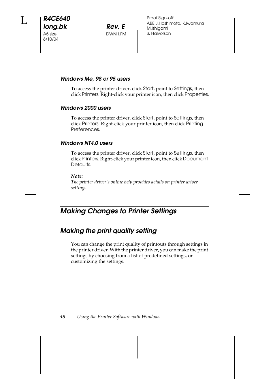 Making changes to printer settings, Making the print quality setting, R4ce640 long.bk rev. e | Epson AcuLaser C3000 User Manual | Page 48 / 316