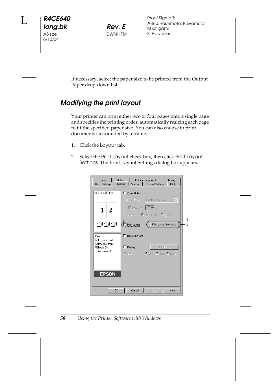 Modifying the print layout, R4ce640 long.bk rev. e | Epson AcuLaser C3000 User Manual | Page 58 / 316