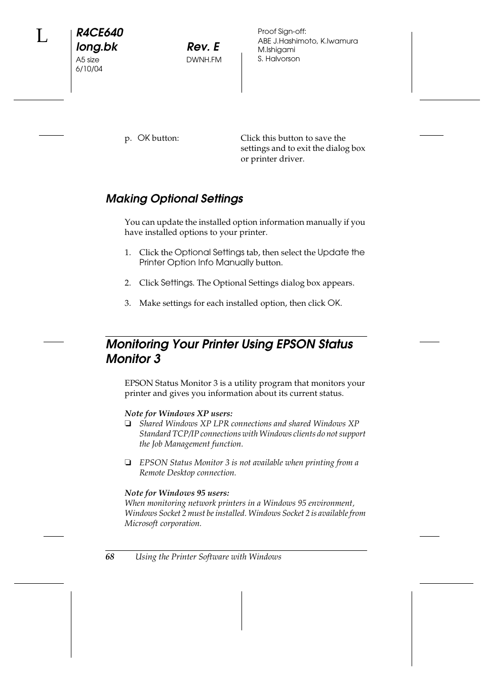 Making optional settings, R4ce640 long.bk rev. e | Epson AcuLaser C3000 User Manual | Page 68 / 316