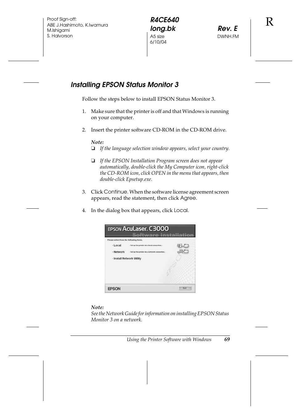 Installing epson status monitor 3 | Epson AcuLaser C3000 User Manual | Page 69 / 316