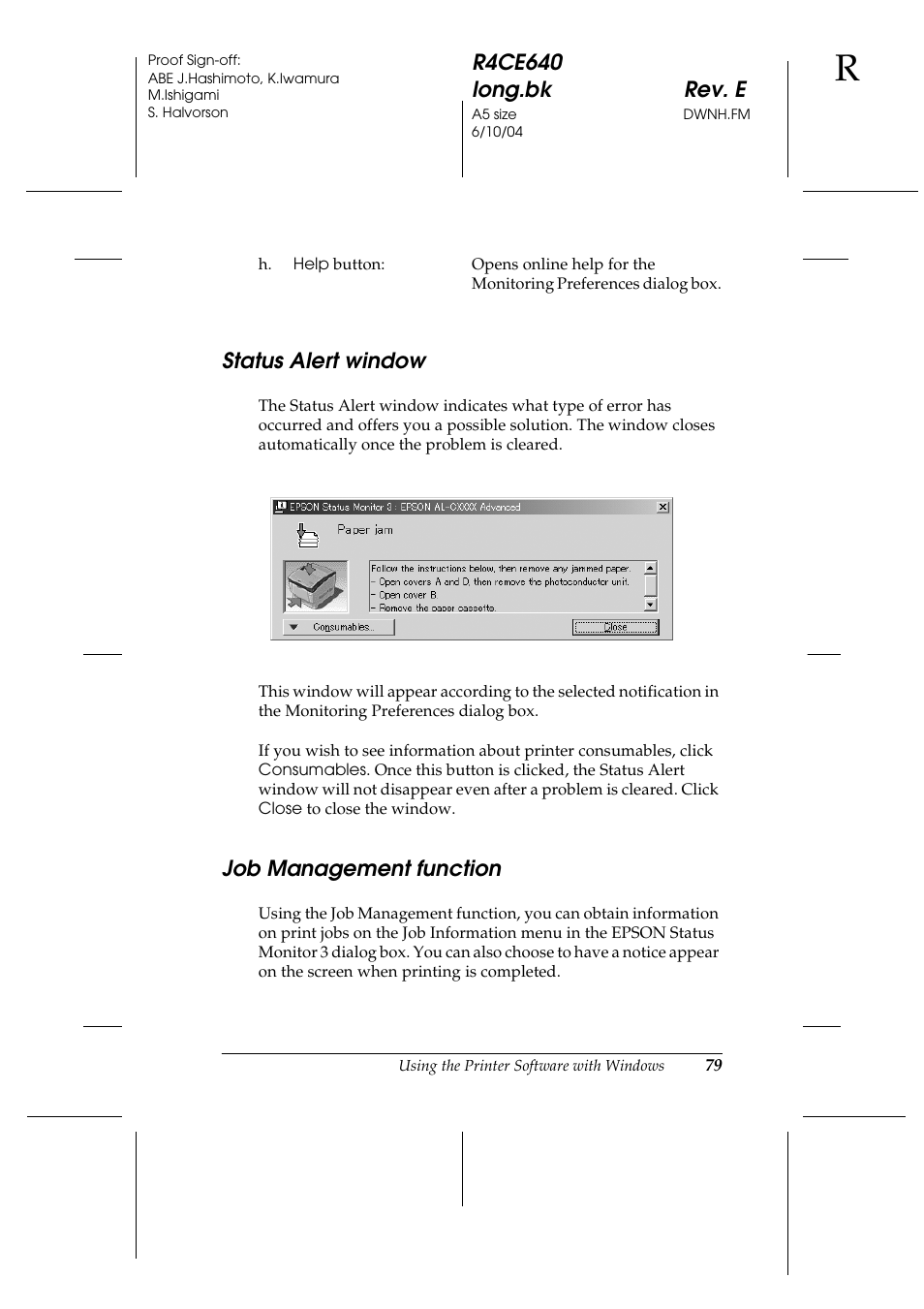Status alert window, Job management function, Status alert window job management function | Epson AcuLaser C3000 User Manual | Page 79 / 316