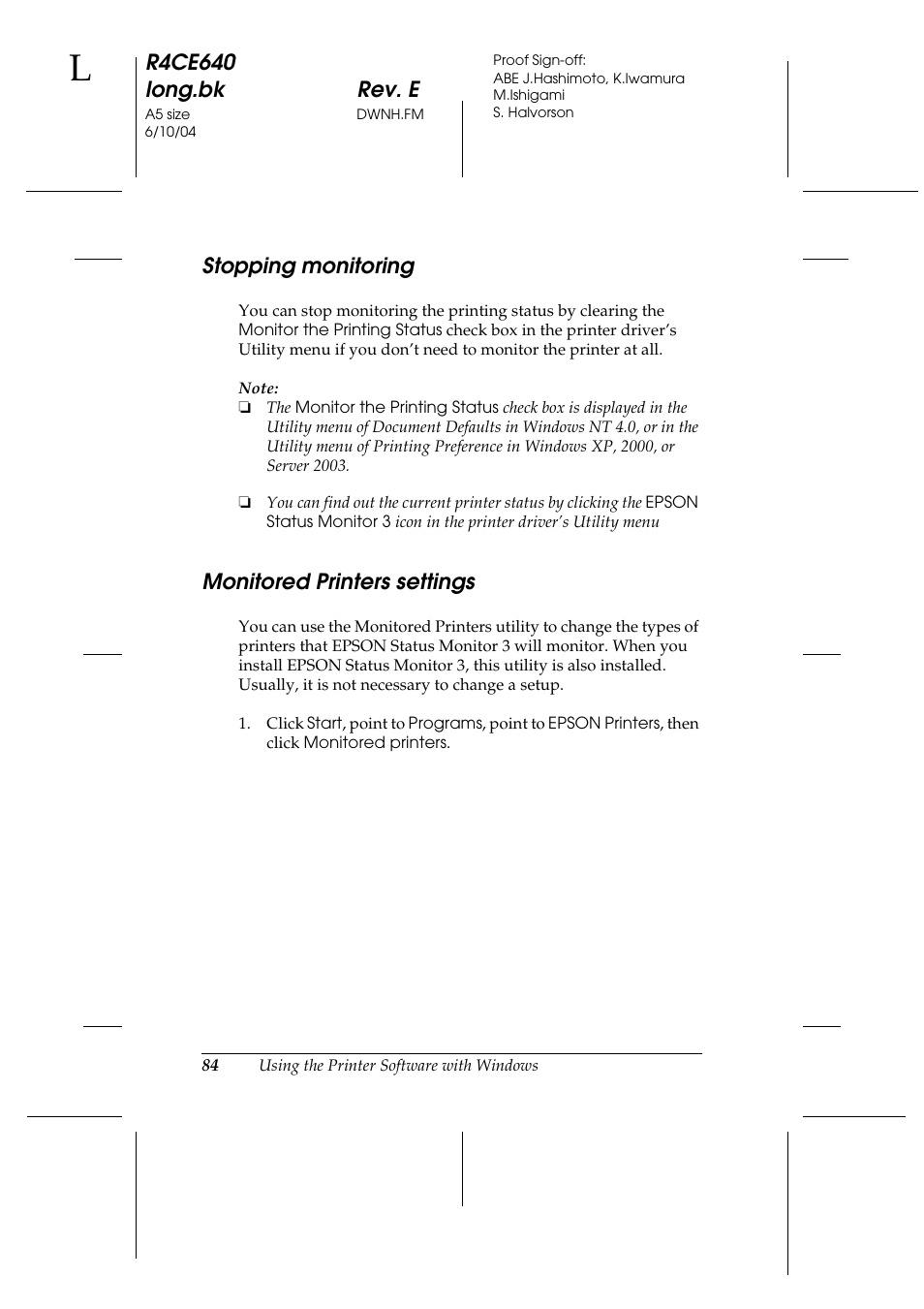 Stopping monitoring, Monitored printers settings, Stopping monitoring monitored printers settings | R4ce640 long.bk rev. e | Epson AcuLaser C3000 User Manual | Page 84 / 316
