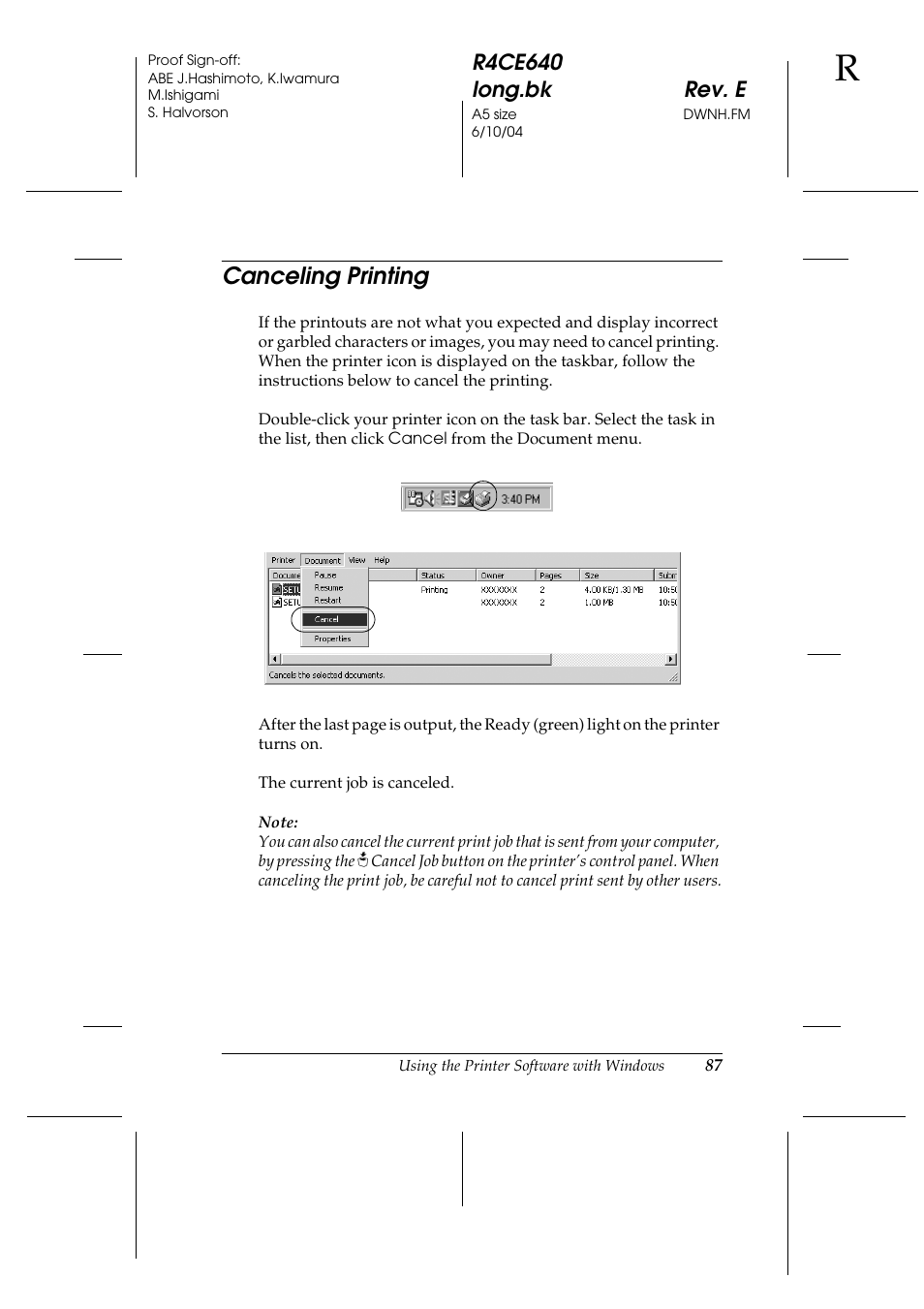 Canceling printing | Epson AcuLaser C3000 User Manual | Page 87 / 316