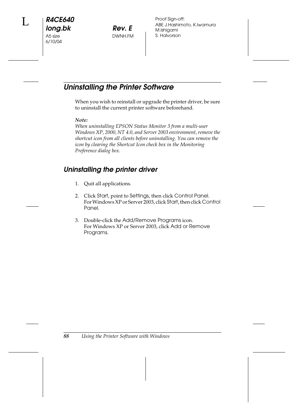 Uninstalling the printer software, Uninstalling the printer driver, R4ce640 long.bk rev. e | Epson AcuLaser C3000 User Manual | Page 88 / 316