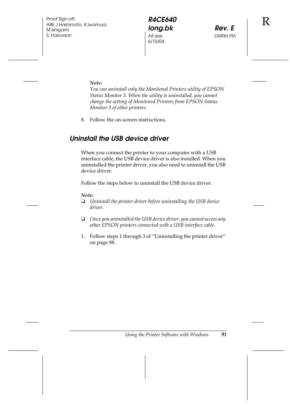 Uninstall the usb device driver | Epson AcuLaser C3000 User Manual | Page 91 / 316