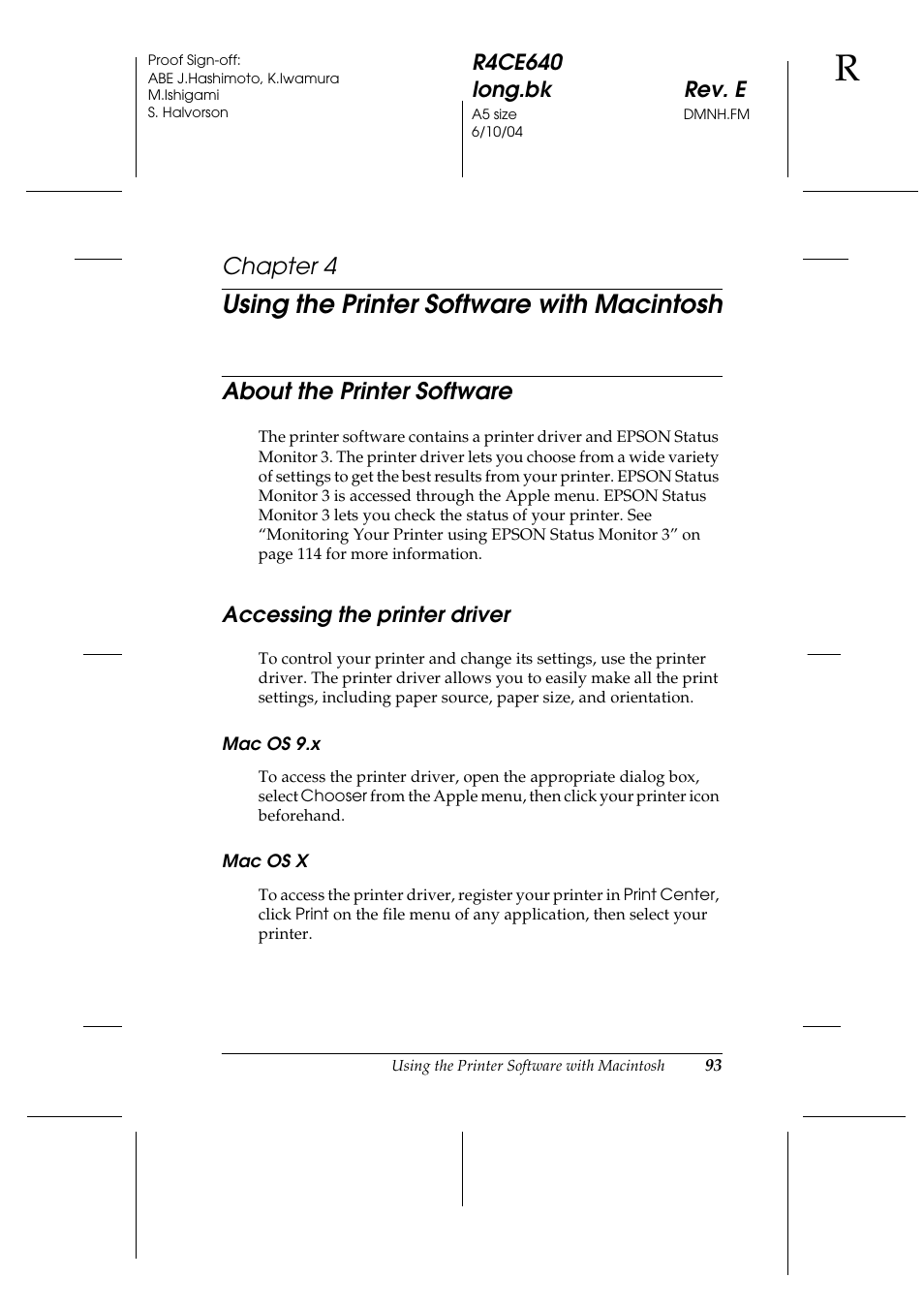 Using the printer software with macintosh, About the printer software, Accessing the printer driver | Chapter 4 | Epson AcuLaser C3000 User Manual | Page 93 / 316