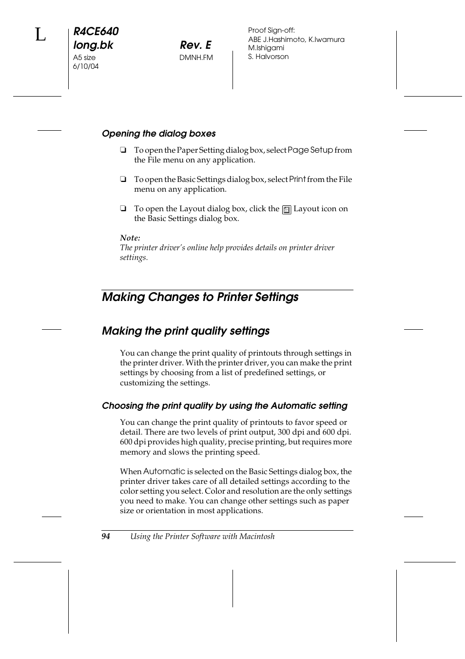 Making changes to printer settings, Making the print quality settings, R4ce640 long.bk rev. e | Epson AcuLaser C3000 User Manual | Page 94 / 316