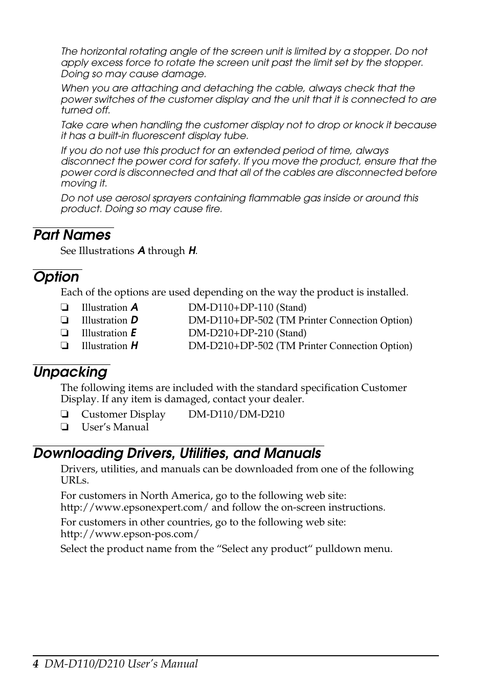 Part names, Option, Unpacking | Downloading drivers, utilities, and manuals | Epson DM D110 User Manual | Page 10 / 16