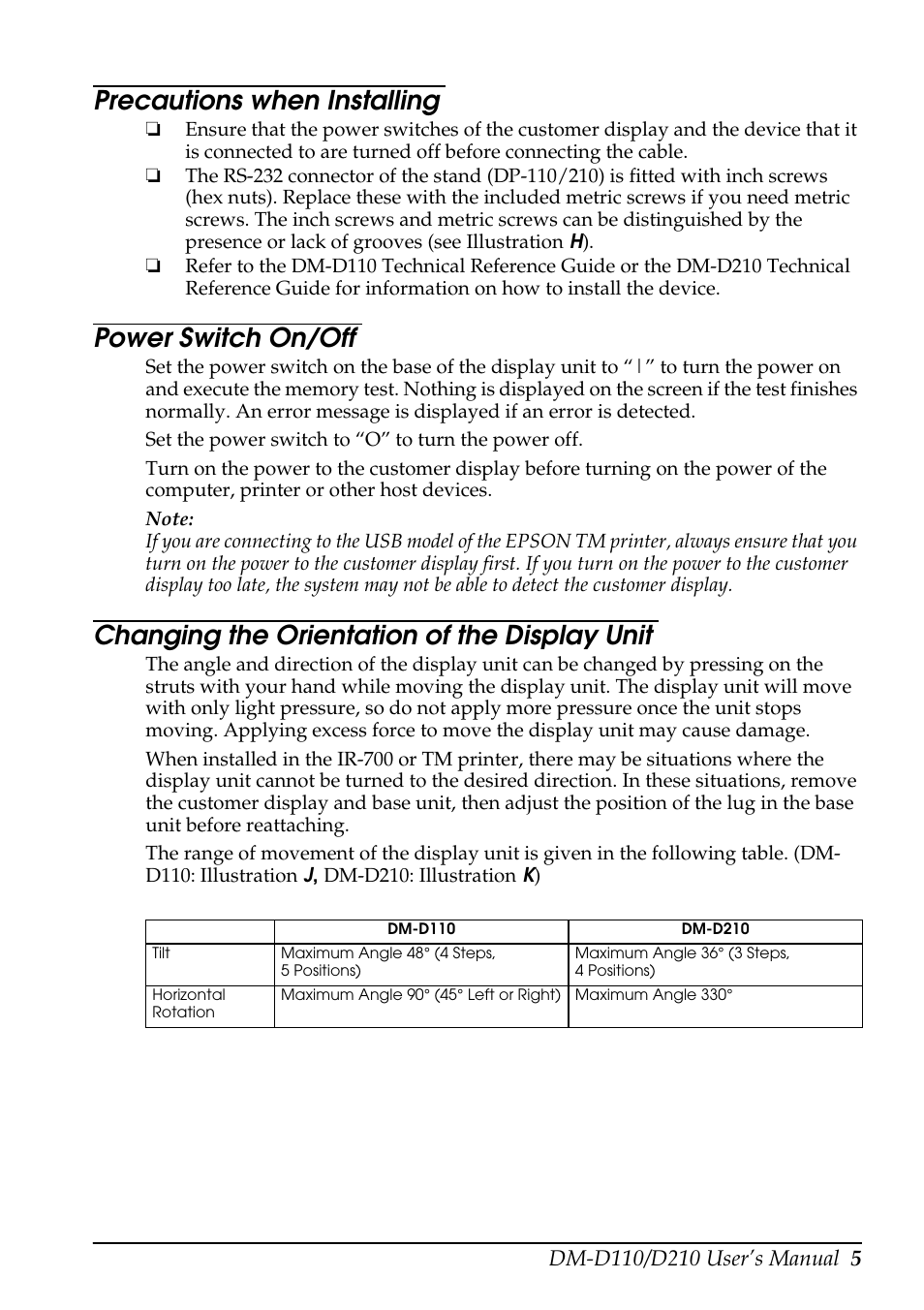 Precautions when installing, Power switch on/off, Changing the orientation of the display unit | Epson DM D110 User Manual | Page 11 / 16