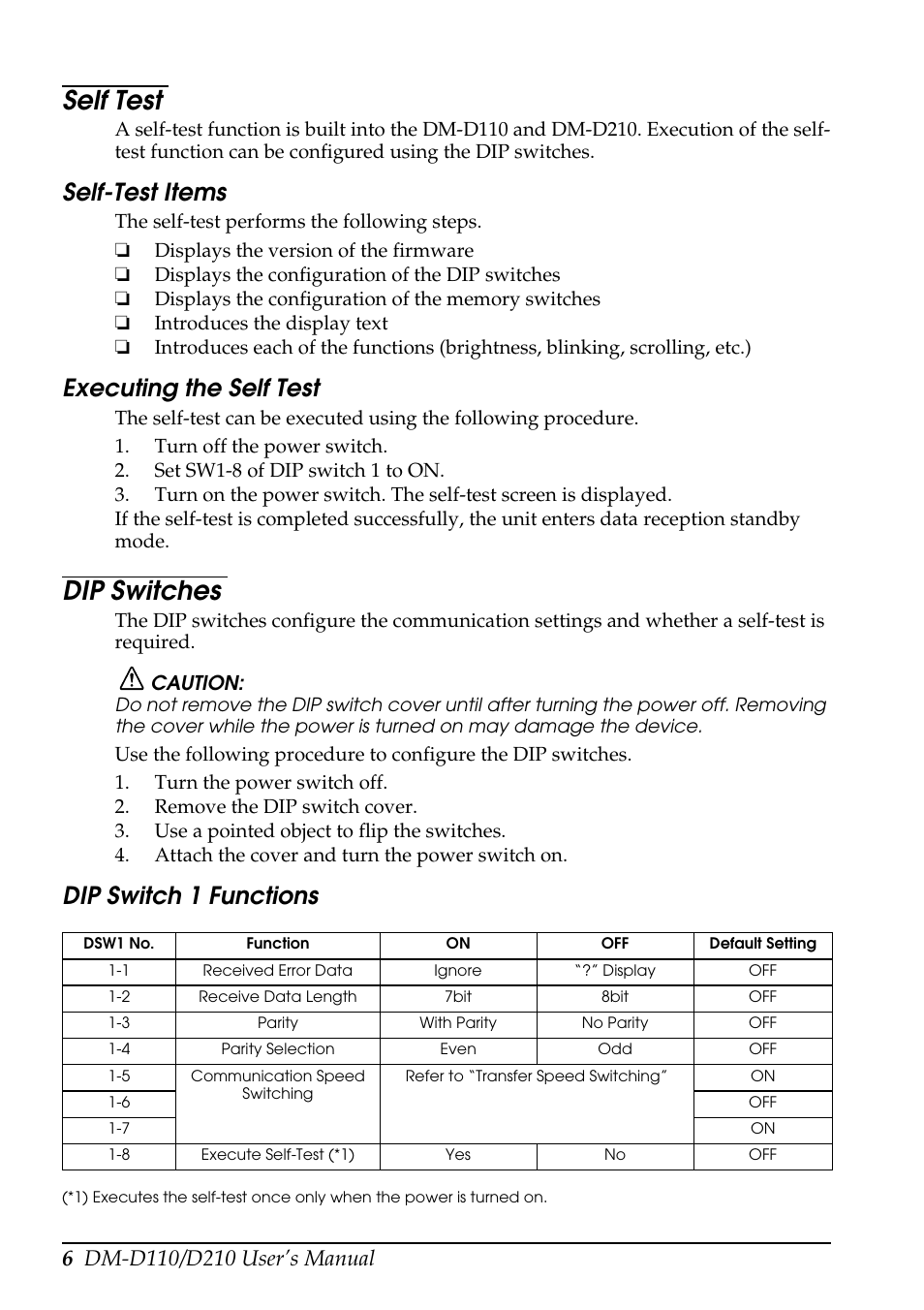 Self test, Dip switches, Self-test items | Executing the self test, Dip switch 1 functions | Epson DM D110 User Manual | Page 12 / 16