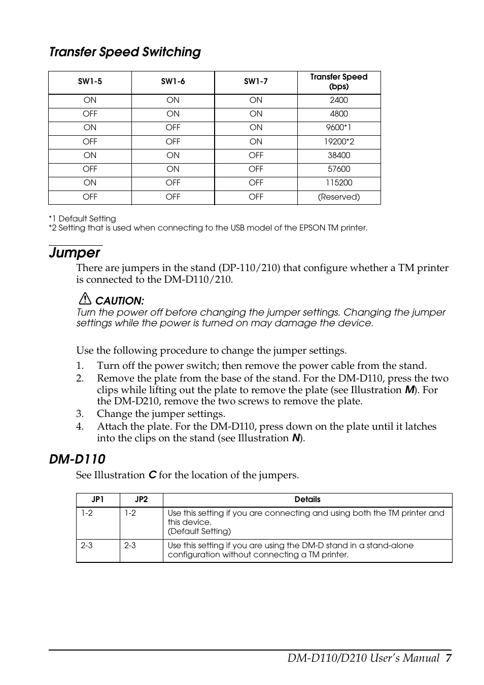 Jumper, Transfer speed switching, Dm-d110 | Epson DM D110 User Manual | Page 13 / 16