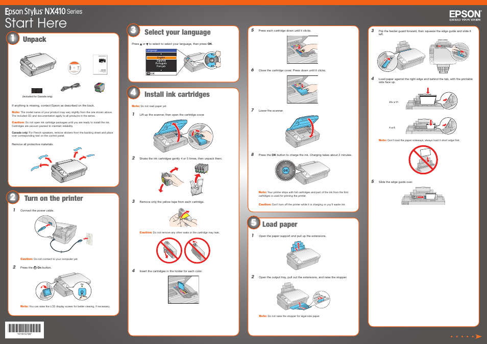 Select your language, Install ink cartridges, Start here | Unpack, Turn on the printer, Load paper, Series | Epson Stylus NX410 Series User Manual | Page 2 / 8