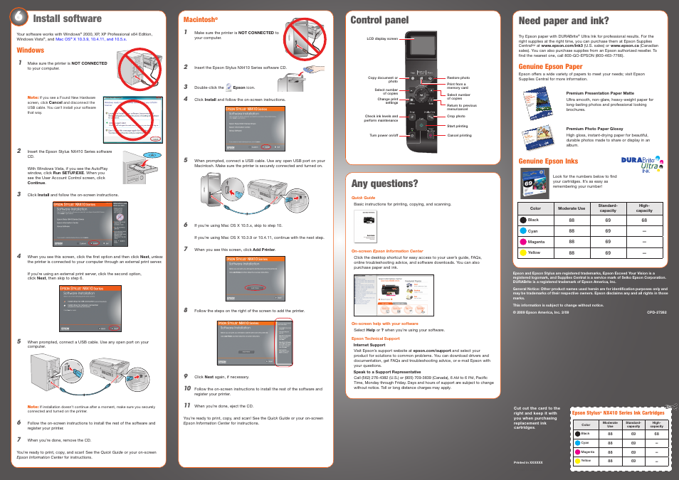Install software, Windows, Need paper and ink | Any questions, Control panel install software, Macintosh, Genuine epson paper, Genuine epson inks | Epson Stylus NX410 Series User Manual | Page 5 / 8