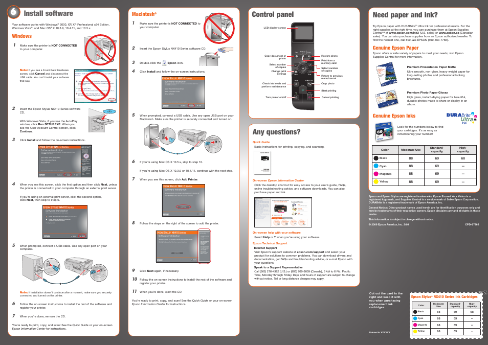 Macintosh, Mac os, X 10.3.9, 10.4.11, and 10.5.x | Need paper and ink, Any questions, Control panel install software, Genuine epson paper, Genuine epson inks, Windows | Epson Stylus NX410 Series User Manual | Page 6 / 8