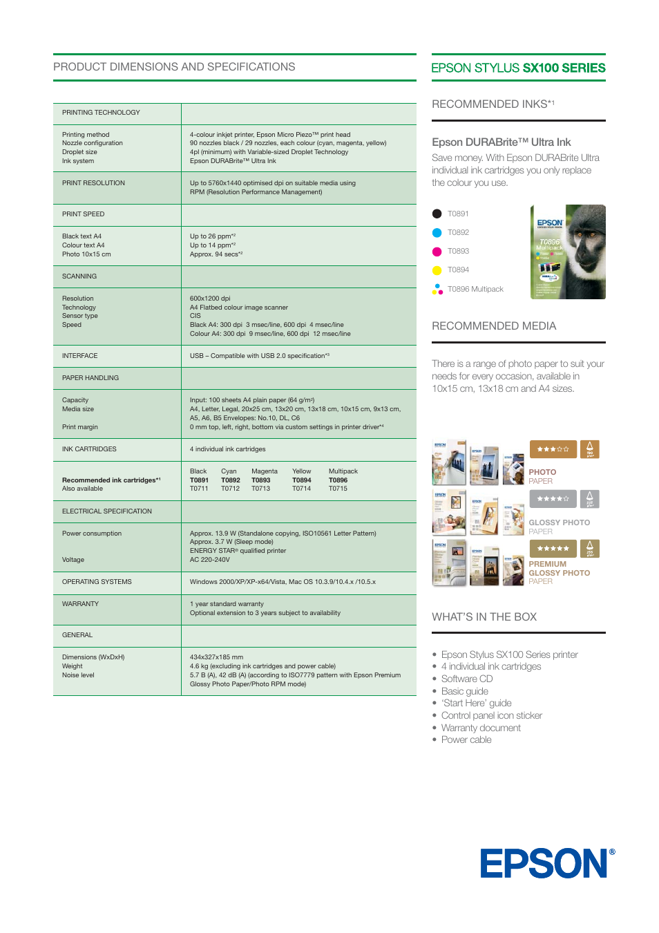 Epson durabrite™ ultra ink, Recommended inks, Recommended media | Epson Stylus Printer SX100 User Manual | Page 2 / 3