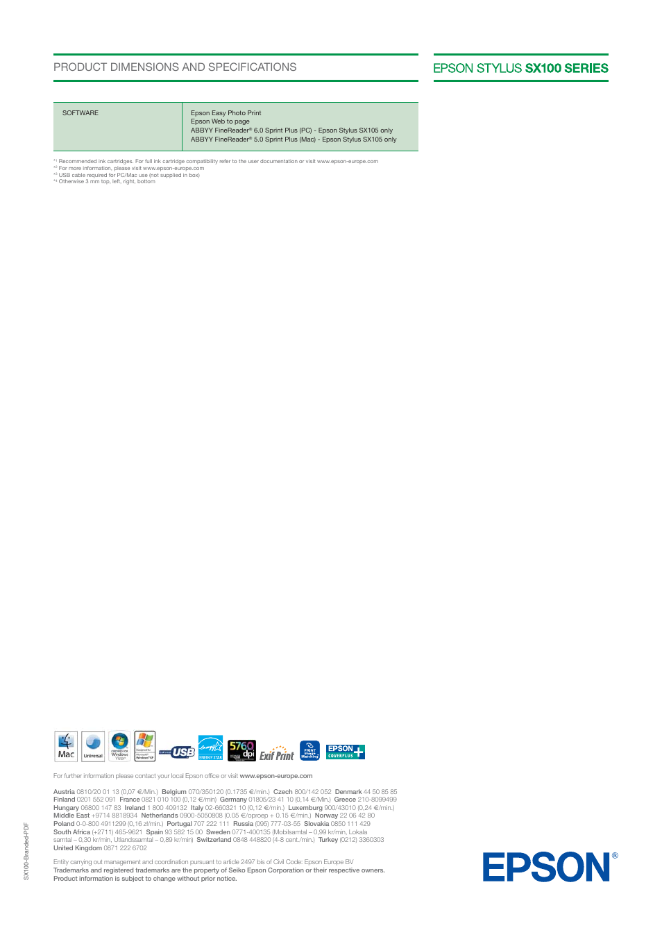 Product dimensions and specifications | Epson Stylus Printer SX100 User Manual | Page 3 / 3