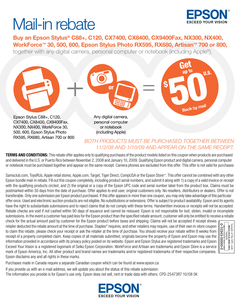 Mail-in rebate | Epson Stylus CX7400 User Manual | Page 2 / 3