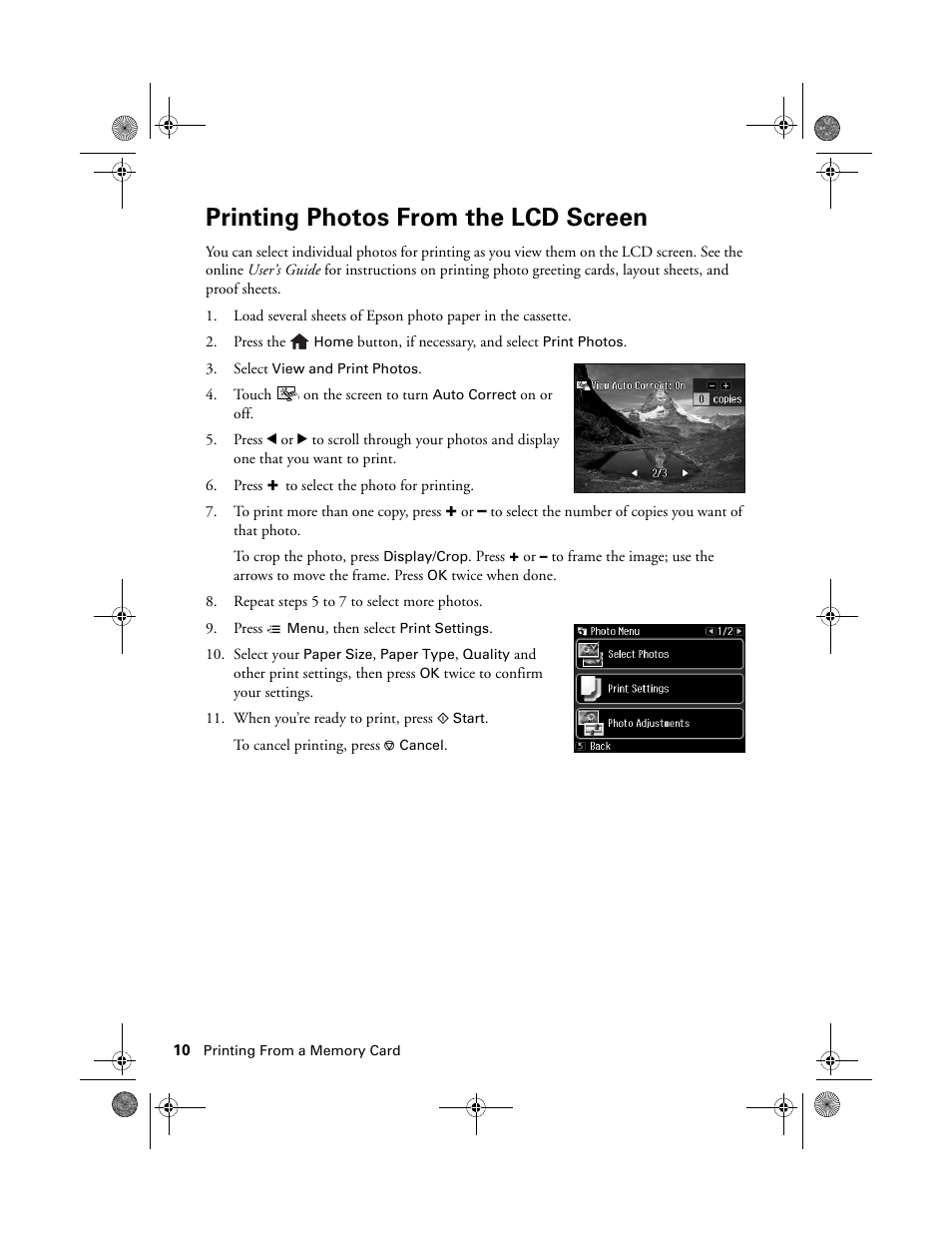 Printing photos from the lcd screen | Epson Artisan 837 User Manual | Page 10 / 44