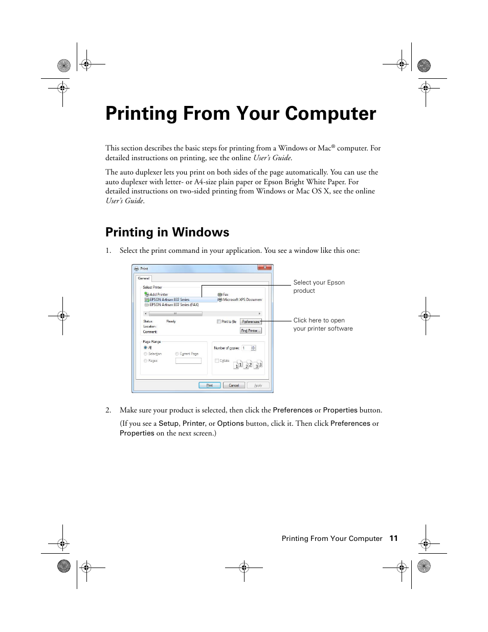Printing from your computer, Printing in windows | Epson Artisan 837 User Manual | Page 11 / 44