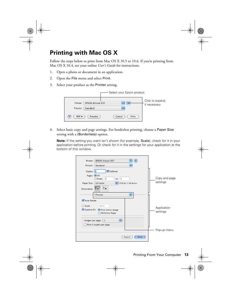 Printing with mac os x | Epson Artisan 837 User Manual | Page 13 / 44