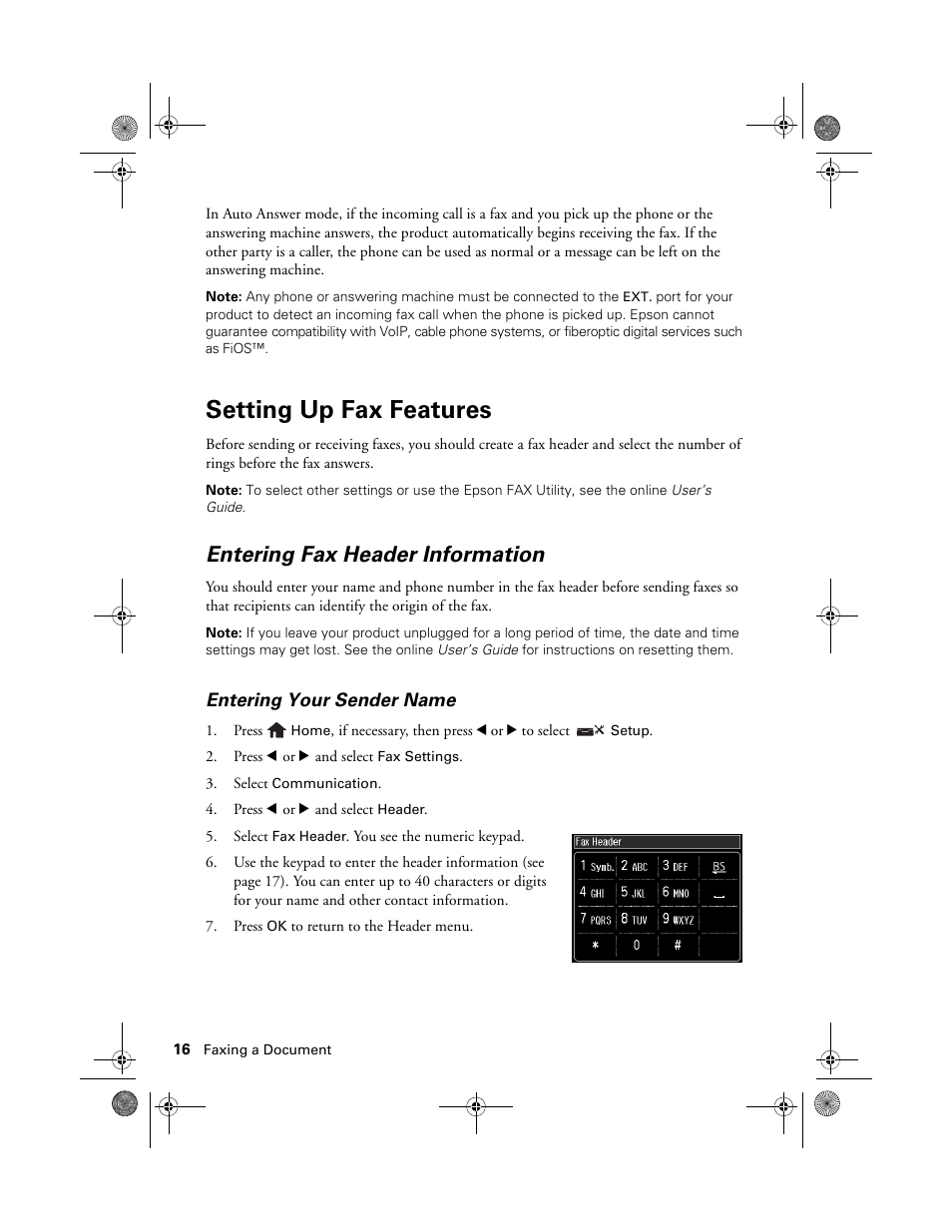 Setting up fax features, Entering fax header information | Epson Artisan 837 User Manual | Page 16 / 44