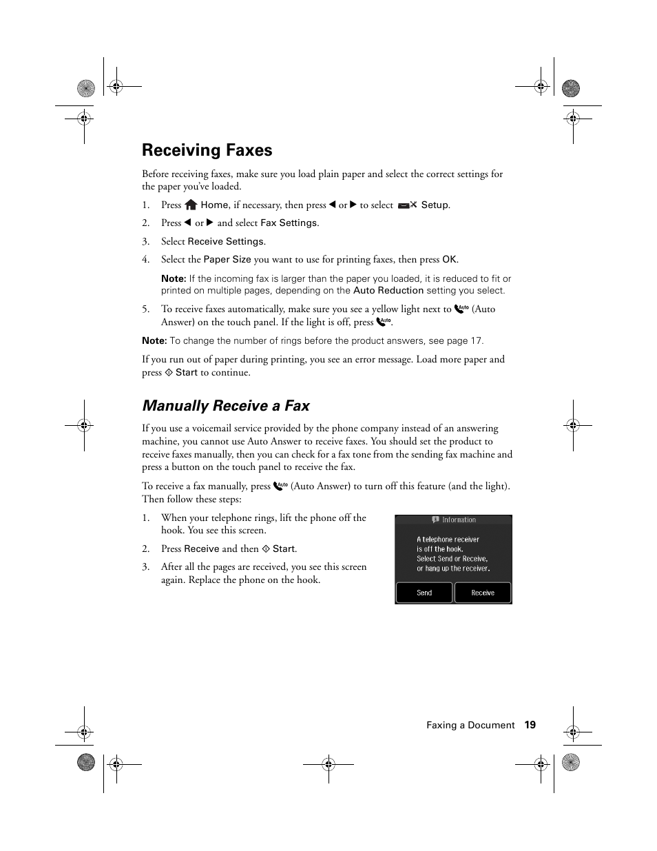 Receiving faxes, Manually receive a fax | Epson Artisan 837 User Manual | Page 19 / 44