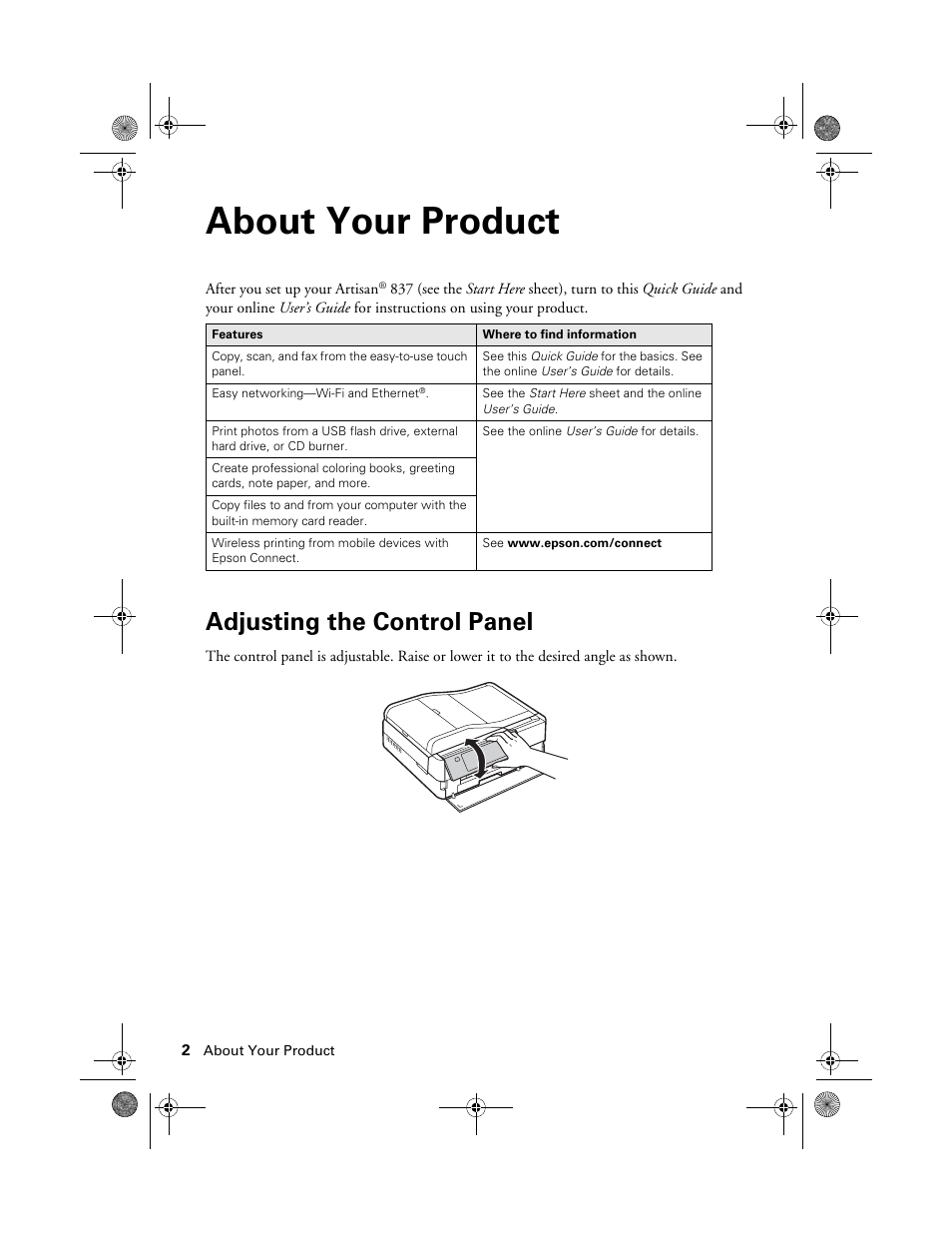 About your product, Adjusting the control panel | Epson Artisan 837 User Manual | Page 2 / 44