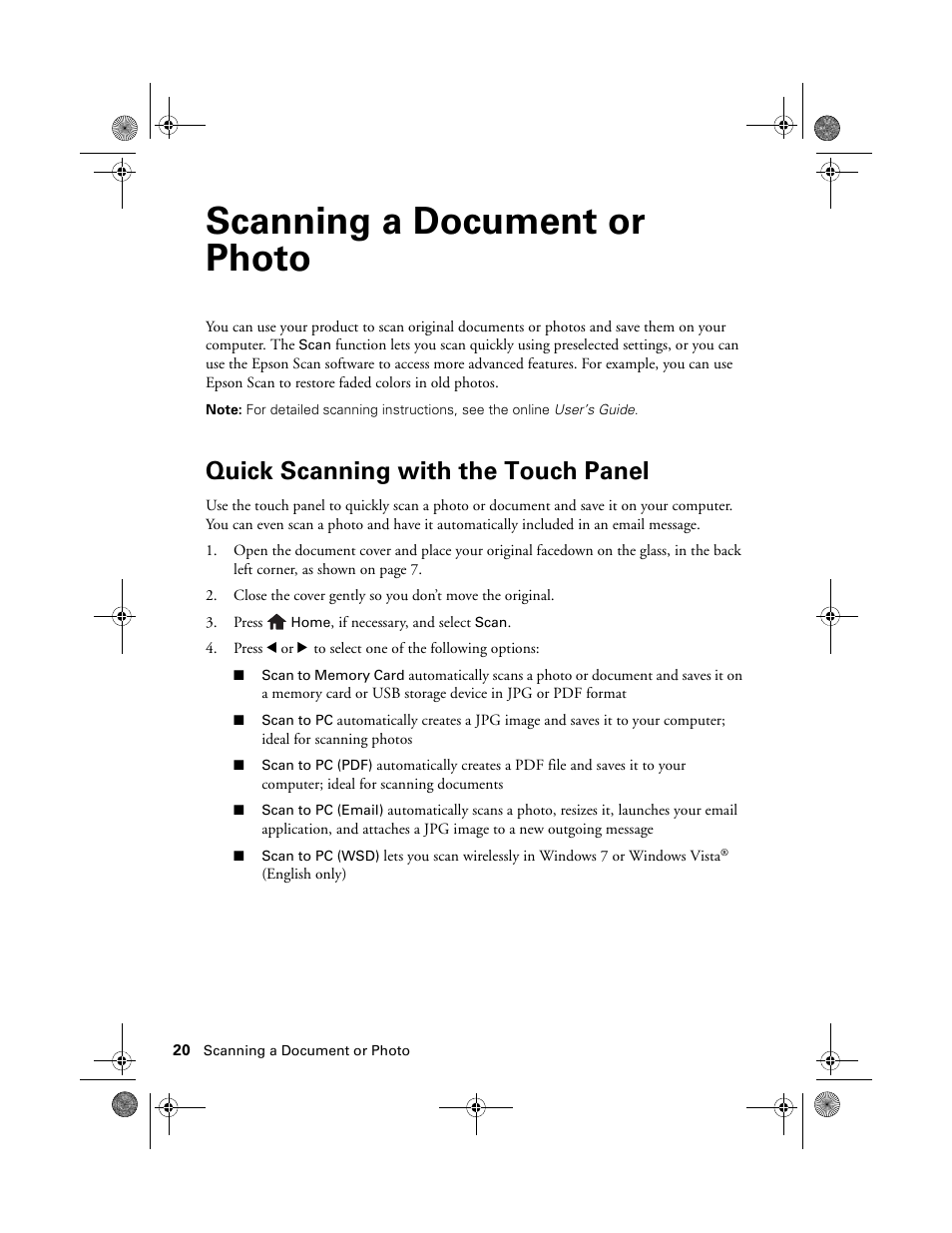 Scanning a document or photo, Quick scanning with the touch panel | Epson Artisan 837 User Manual | Page 20 / 44