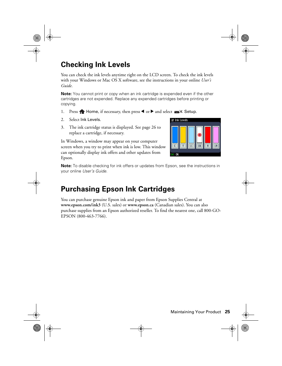 Checking ink levels, Purchasing epson ink cartridges | Epson Artisan 837 User Manual | Page 25 / 44