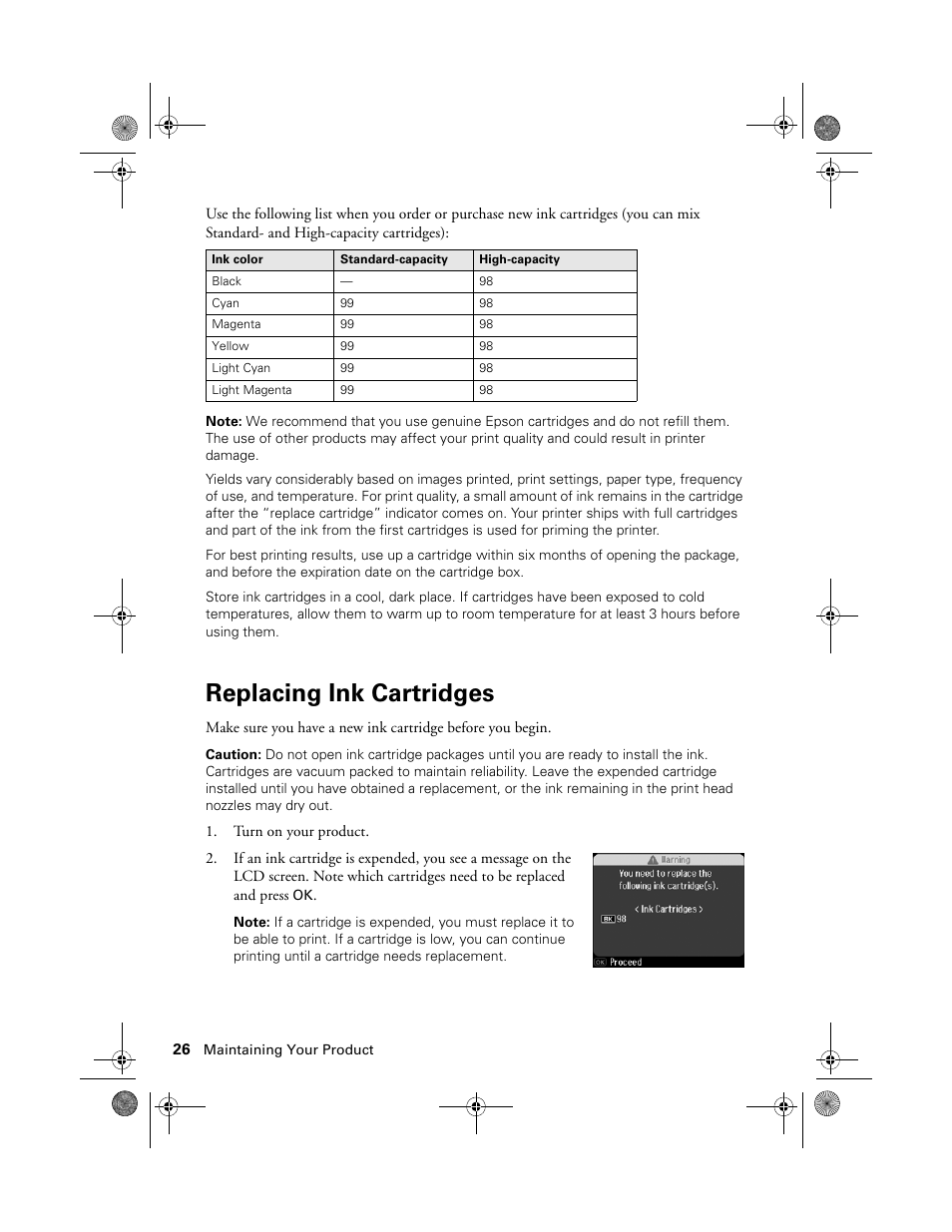 Replacing ink cartridges | Epson Artisan 837 User Manual | Page 26 / 44