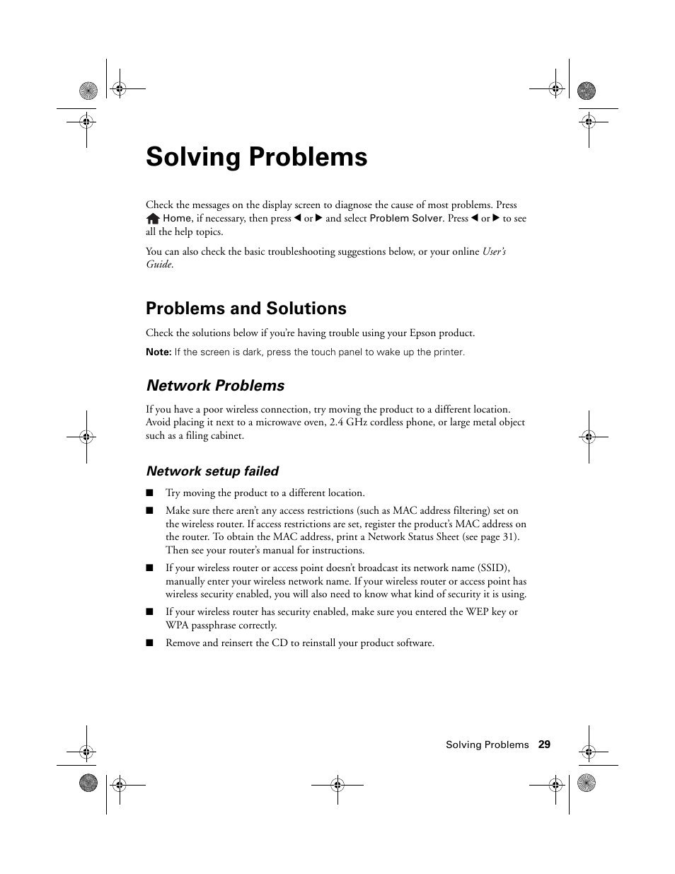 Solving problems, Problems and solutions, Network problems | Epson Artisan 837 User Manual | Page 29 / 44