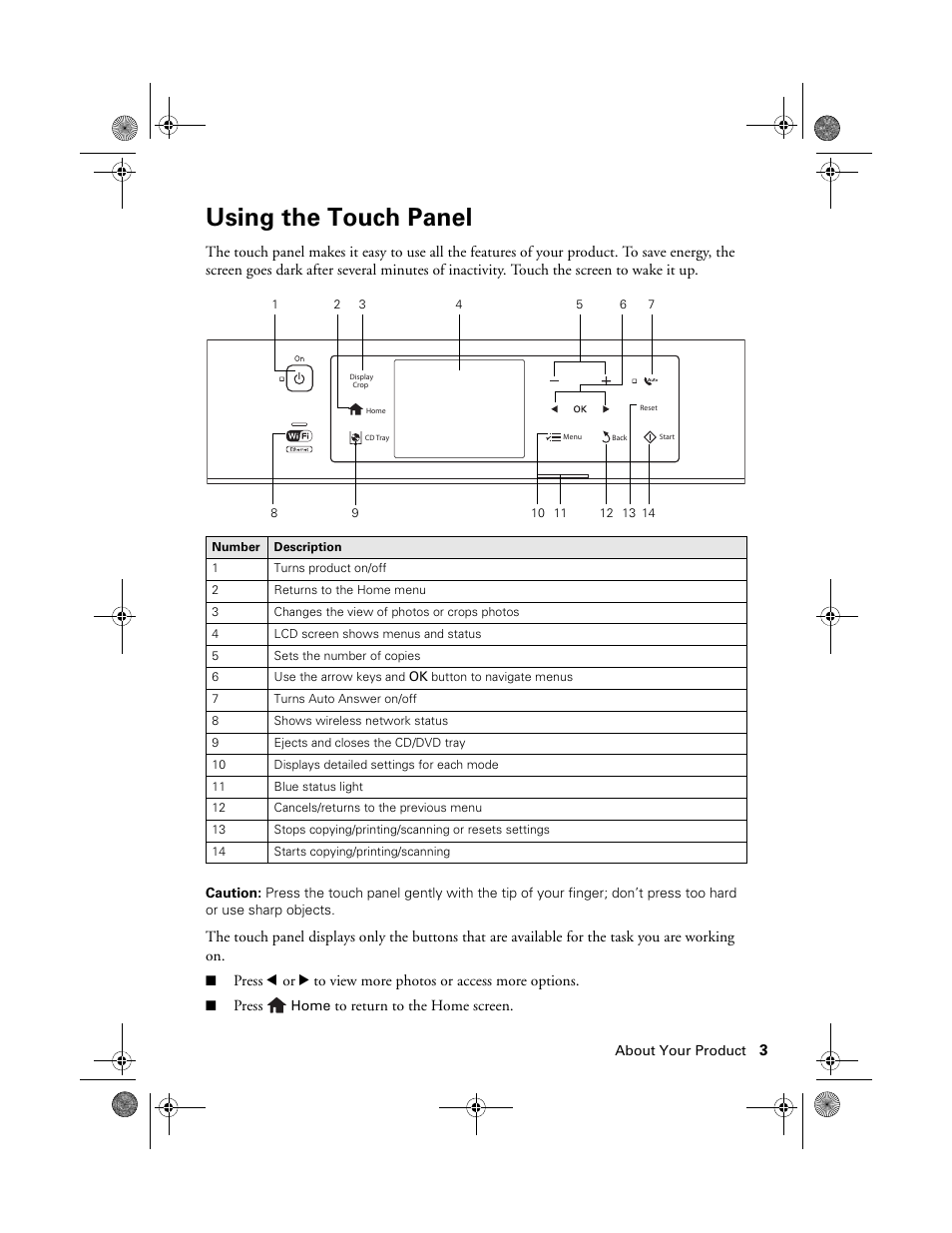 Using the touch panel | Epson Artisan 837 User Manual | Page 3 / 44