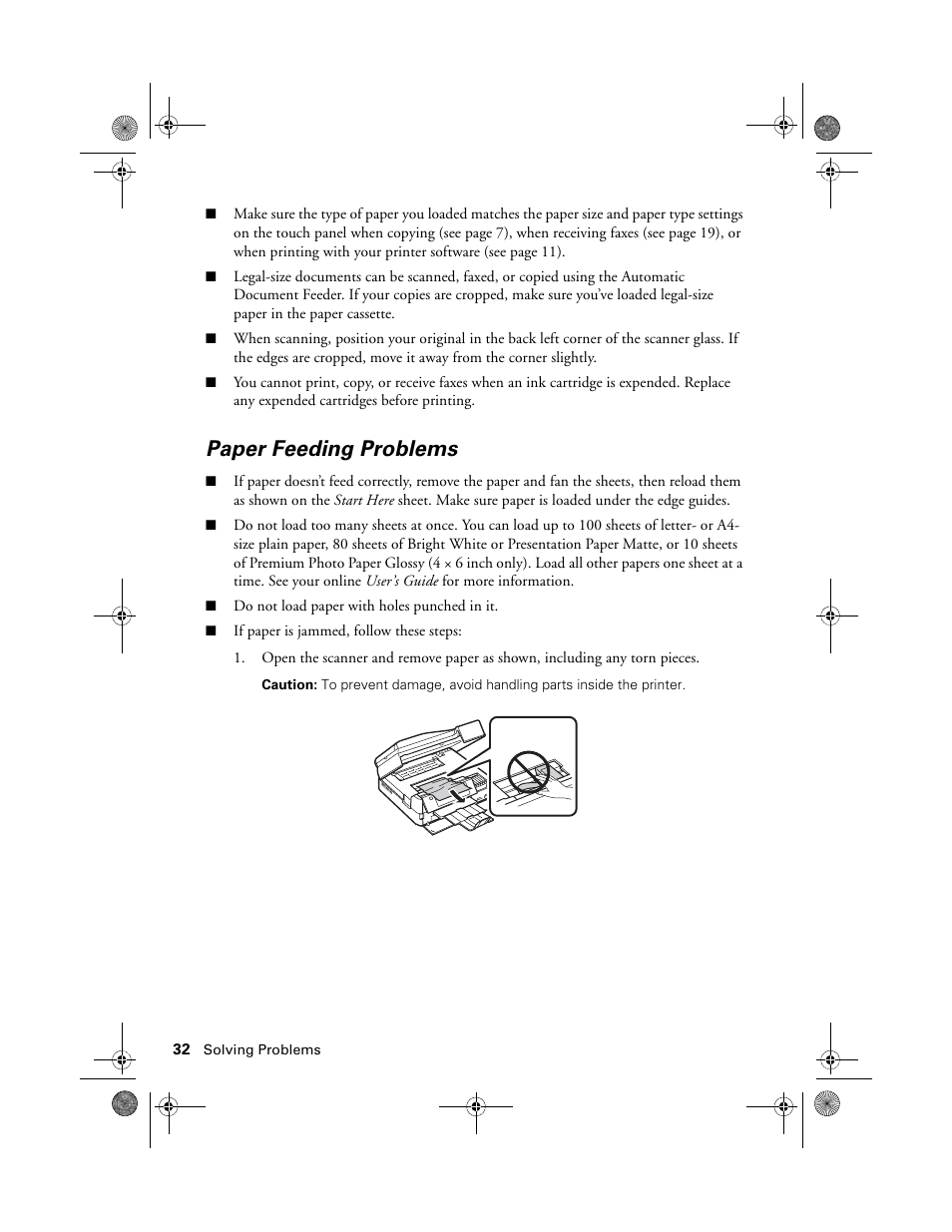 Paper feeding problems | Epson Artisan 837 User Manual | Page 32 / 44