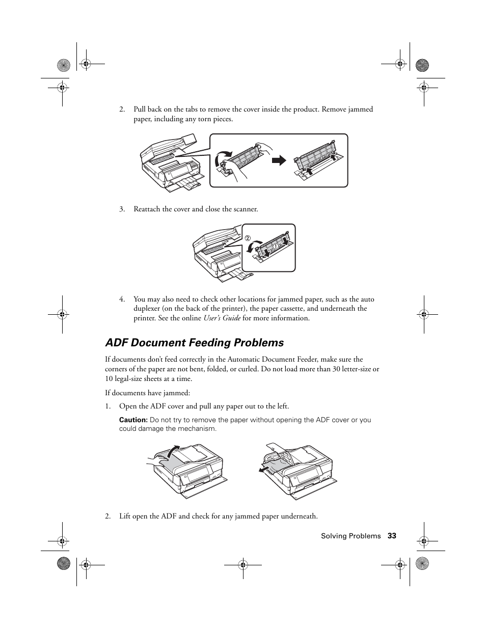 Adf document feeding problems | Epson Artisan 837 User Manual | Page 33 / 44